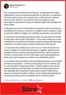 Manuel Zelaya aclara el verdadero sentido del temor a Dios ante ataques malintencionados de la derecha y la oligarquía